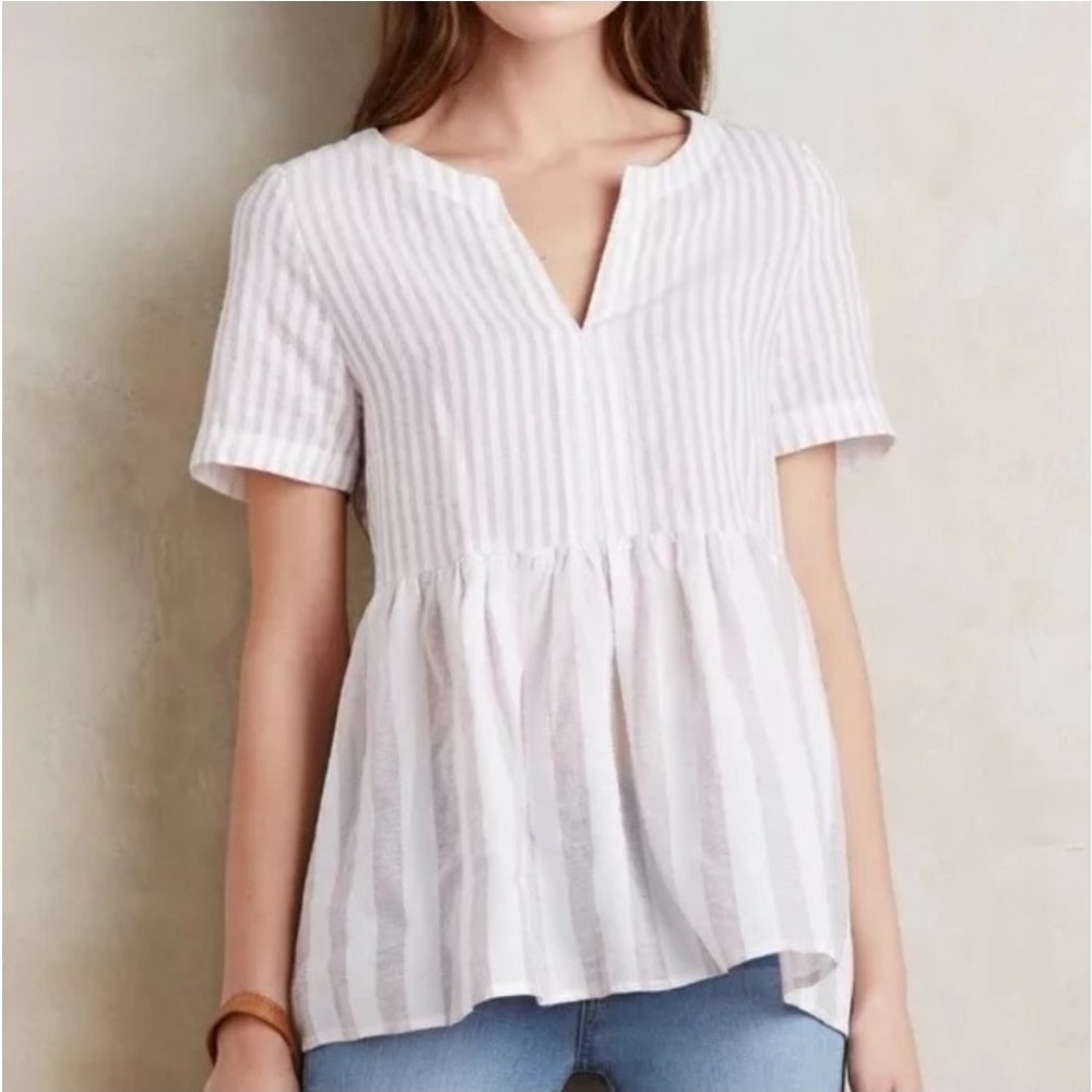 Anthropologie 11.1 TYLHO Cottagecore Women's Neutral Striped Peplum Blouse Sz M